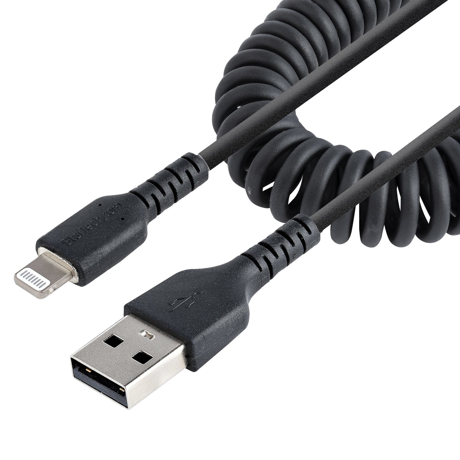 StarTech.com 1m (3ft) USB to Lightning Cable, MFi Certified, Coiled iPhone Charger Black, Durable RUSB2ALT1MBC