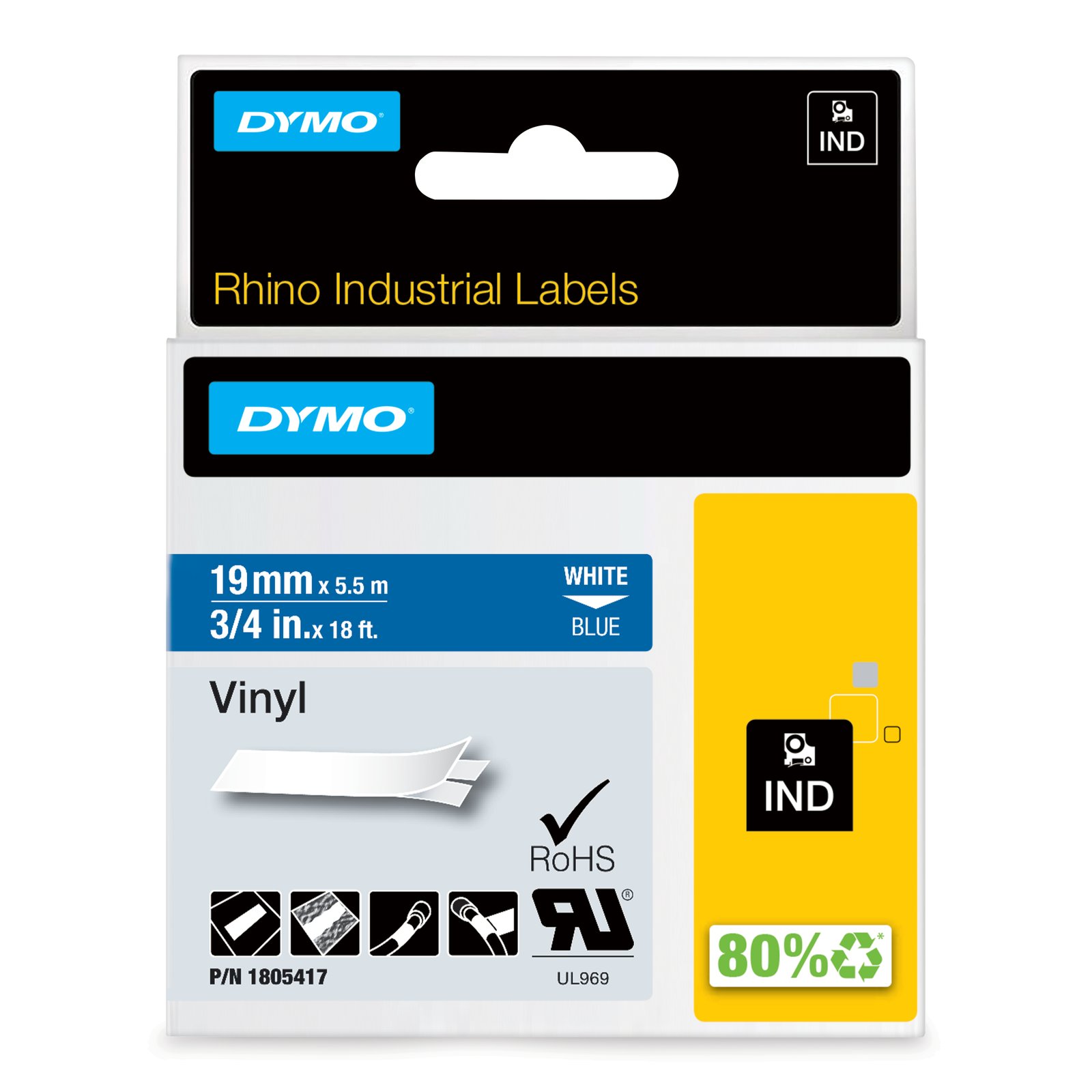 DYMO Rhino Industrial Vinyl Labels | 19 mm x 5.5 m | White Print on Blue | Self-Adhesive | for 1805417