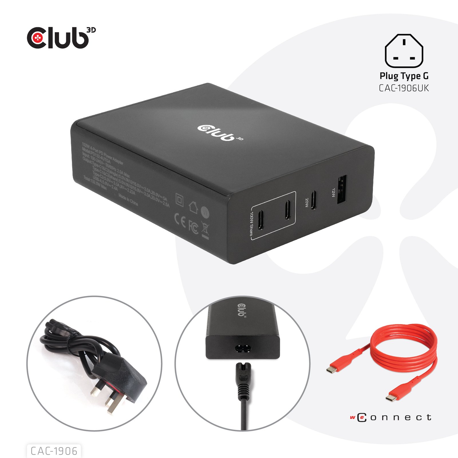 Club 3D CLUB3D Travel Charger 132W GAN technology, Four port USB Type-A and -C, Power Delivery(PD) CAC-1906