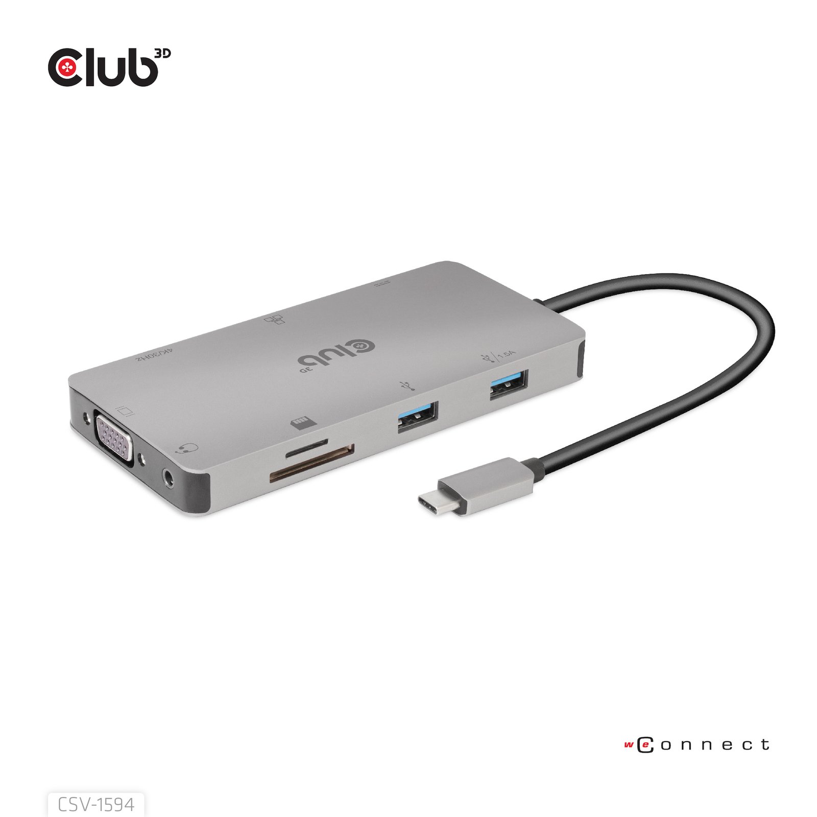 Club 3D CLUB3D USB Gen1 Type-C 9-in-1 hub with HDMI, VGA, 2x Type-A, RJ45, SD/Micro SD card slots CSV-1594