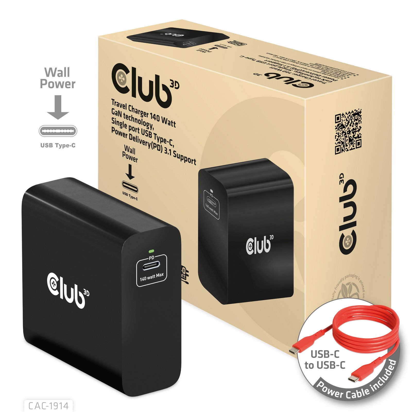 Club 3D CLUB3D Travel Charger 140 Watt GaN technology, Single port USB Type-C, Power Delivery(PD) CAC-1914