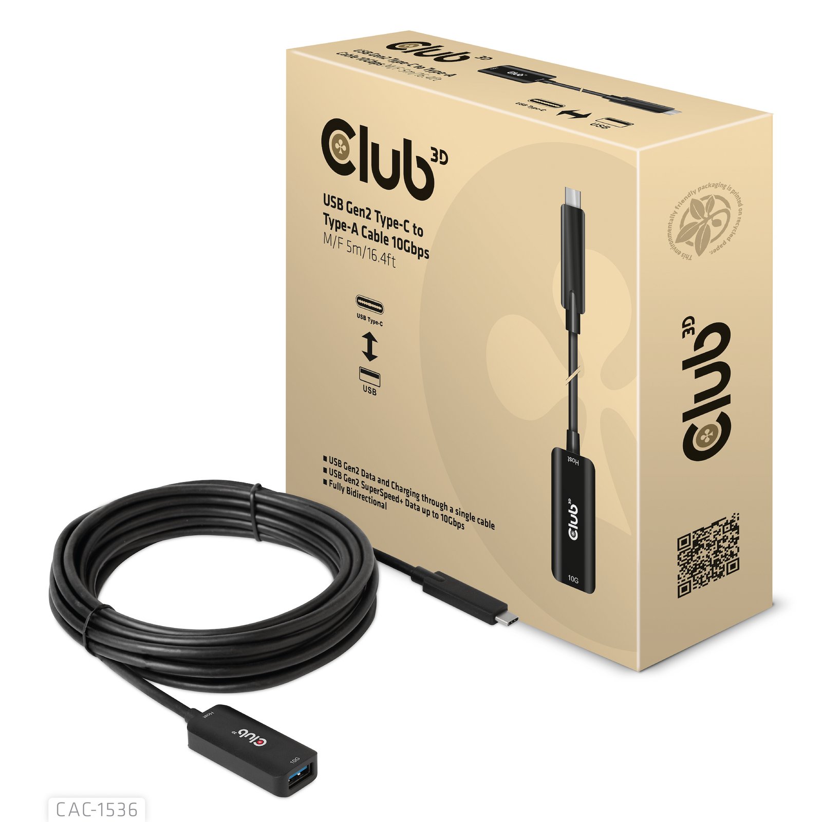 Club 3D CLUB3D USB Gen2 Type-C to Type-A Cable 10Gbps M/F 5m/16.4ft CAC-1536