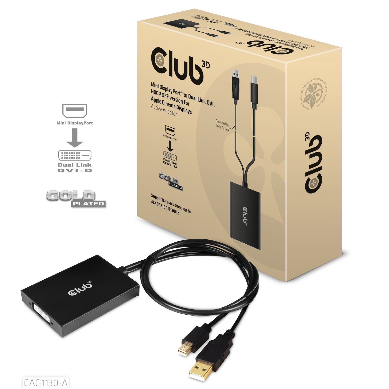 Club 3D CLUB3D Mini DisplayPort to Dual Link DVI, HDCP OFF version for Apple Cinema Displays Active CAC-1130-A