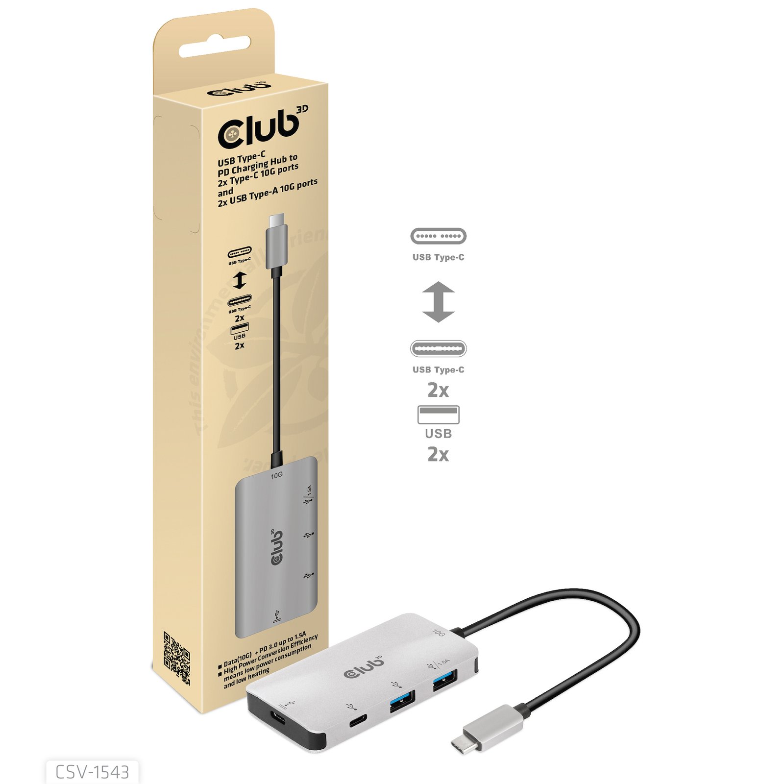 Club 3D CLUB3D USB Gen2 Type-C PD Charging Hub to 2x 10G ports and Type-A CSV-1543