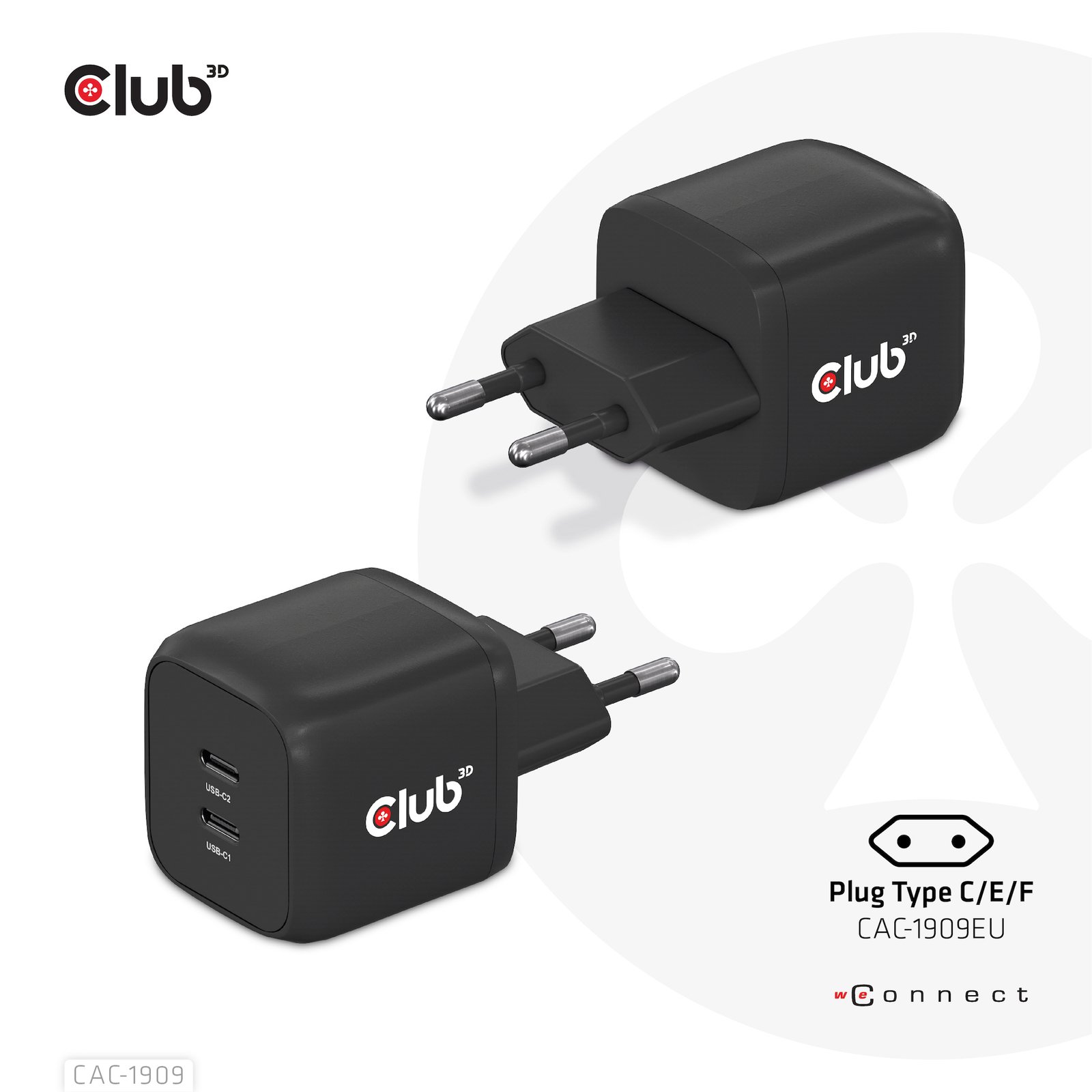 Club 3D CLUB3D Travel Charger PPS 45W GAN technology, Dual port USB Type-C, Power Delivery(PD) 3.0 CAC-1909