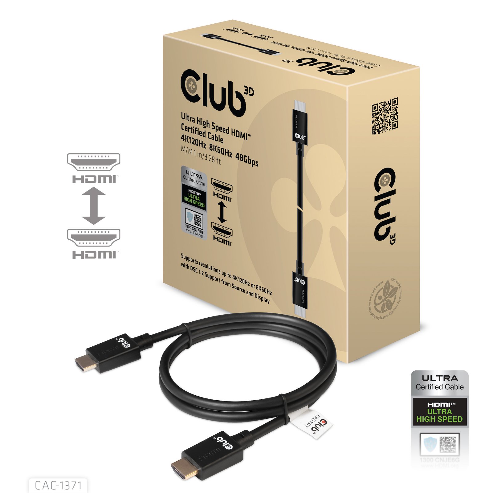 Club 3D CLUB3D Ultra High Speed HDMI 4K120Hz, 8K60Hz Certified Cable 48Gbps M/M 1 m/3.28 ft CAC-1371