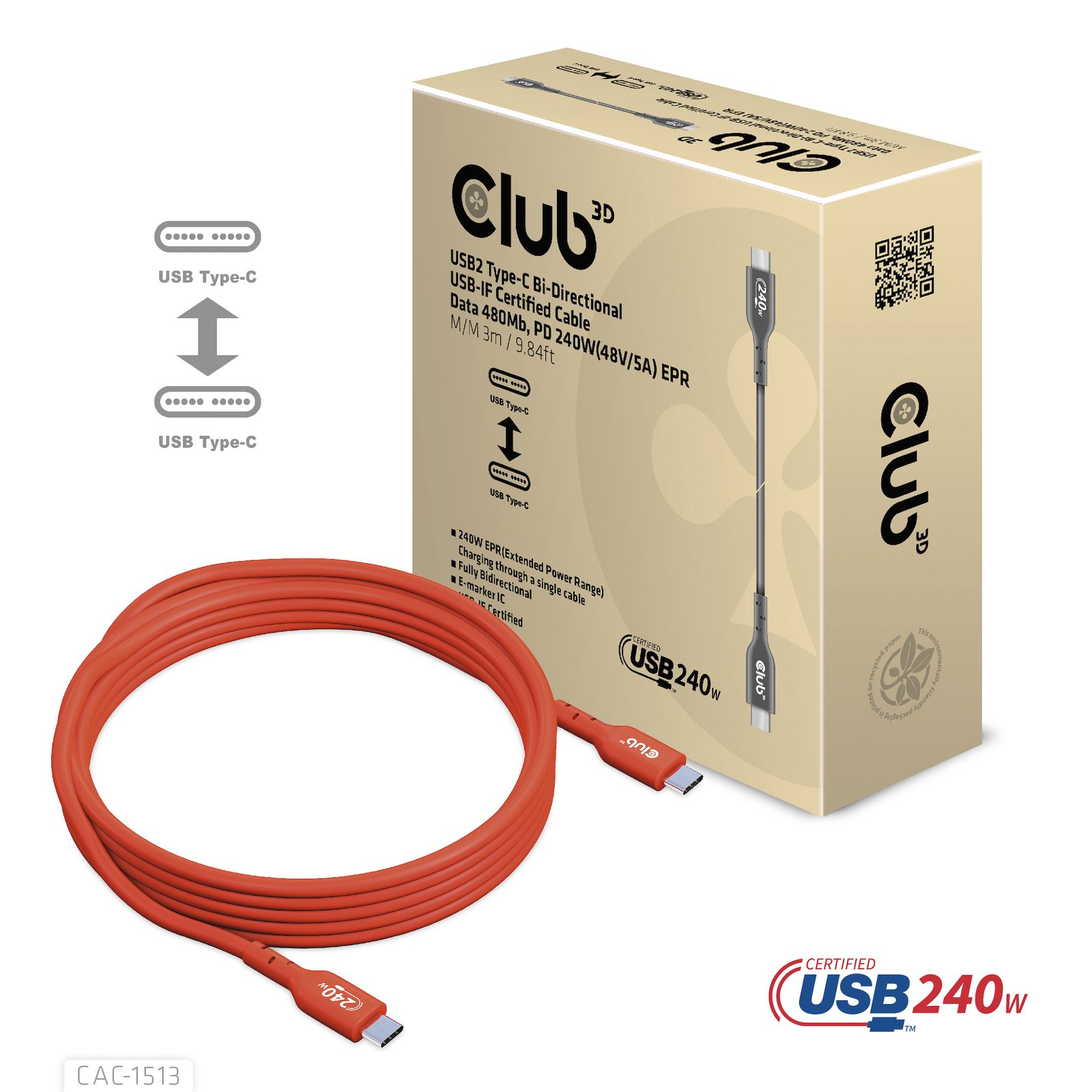 Club 3D CLUB3D USB2 Type-C Bi-Directional USB-IF Certified Cable Data 480Mb, PD 240W(48V/5A) EPR CAC-1513