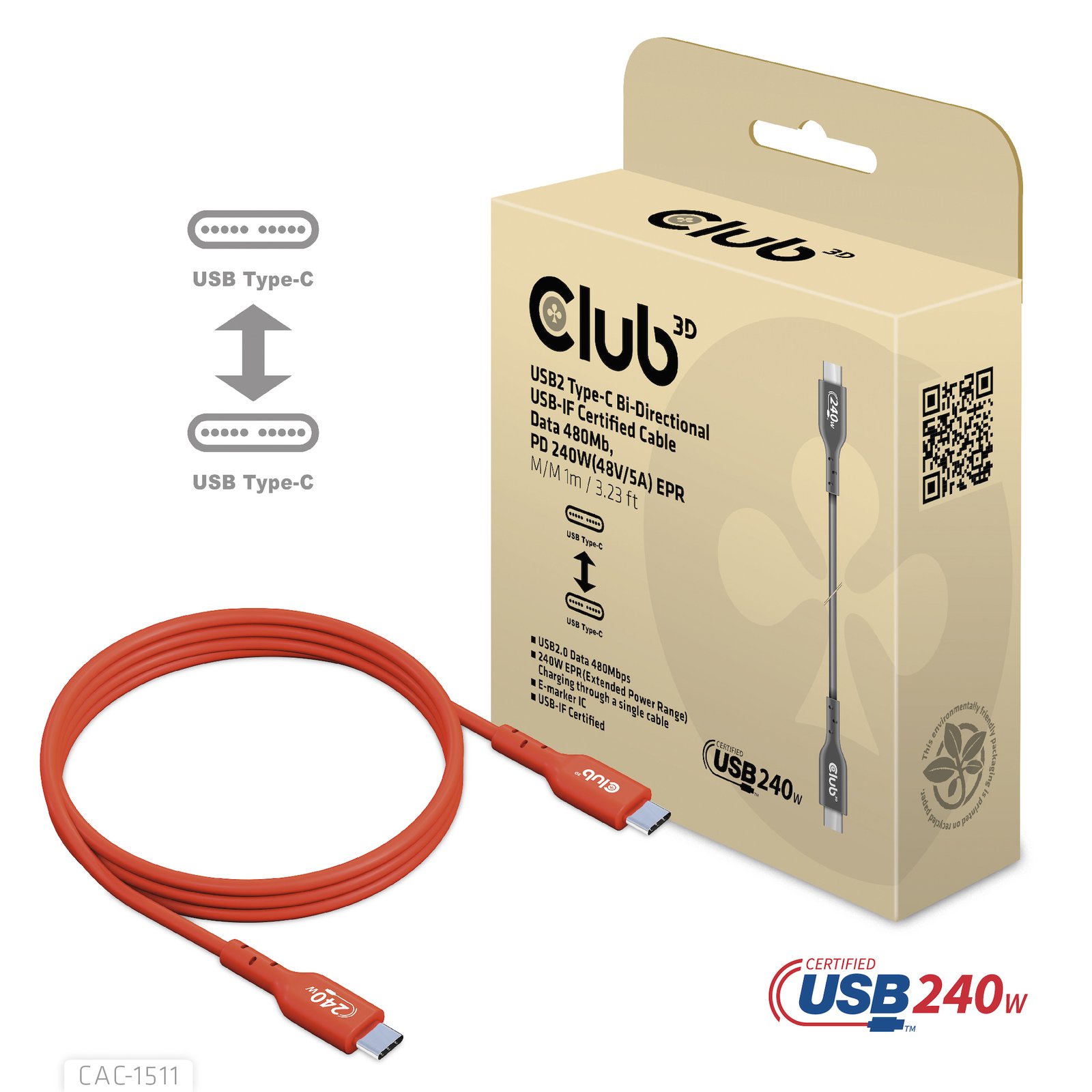 Club 3D CLUB3D USB2 Type-C Bi-Directional USB-IF Certified Cable Data 480Mb, PD 240W(48V/5A) EPR CAC-1511
