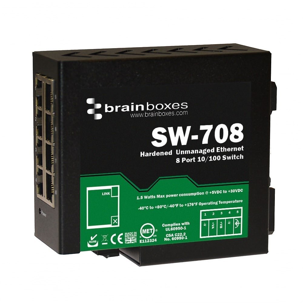 Brainboxes Hardened Industrial 8 Port 10/100 Ethernet Switch SW-708