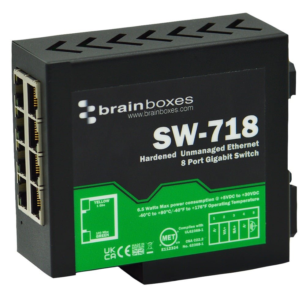 Brainboxes Hardened Industrial 8 Port Gigabit Ethernet Switch SW-718