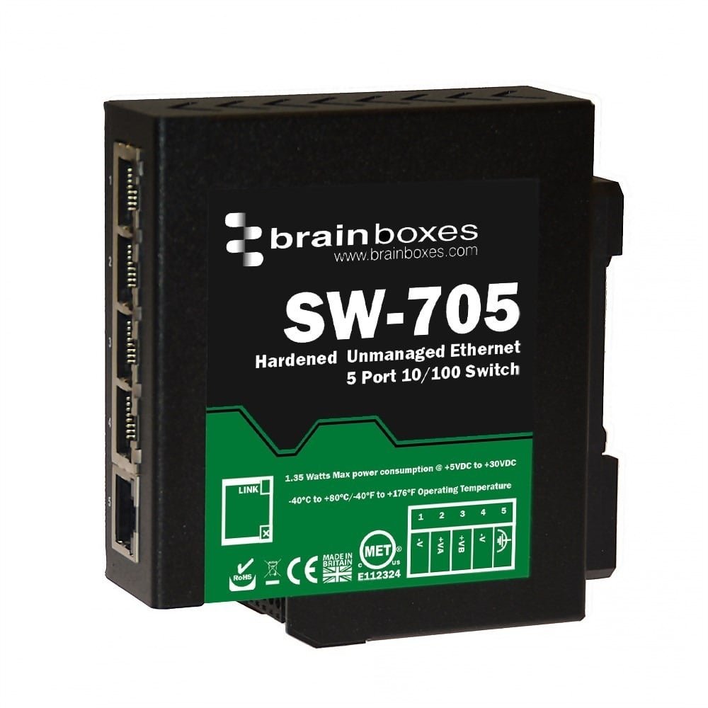 Brainboxes Hardened Industrial 5 Port 10/100 Ethernet Switch SW-705